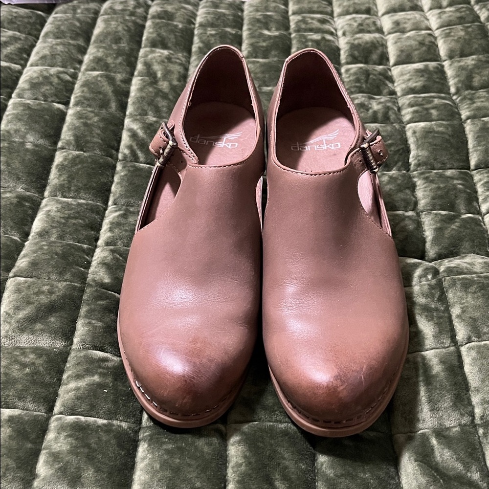 Dansko Tan Leather Buckle Clogs
